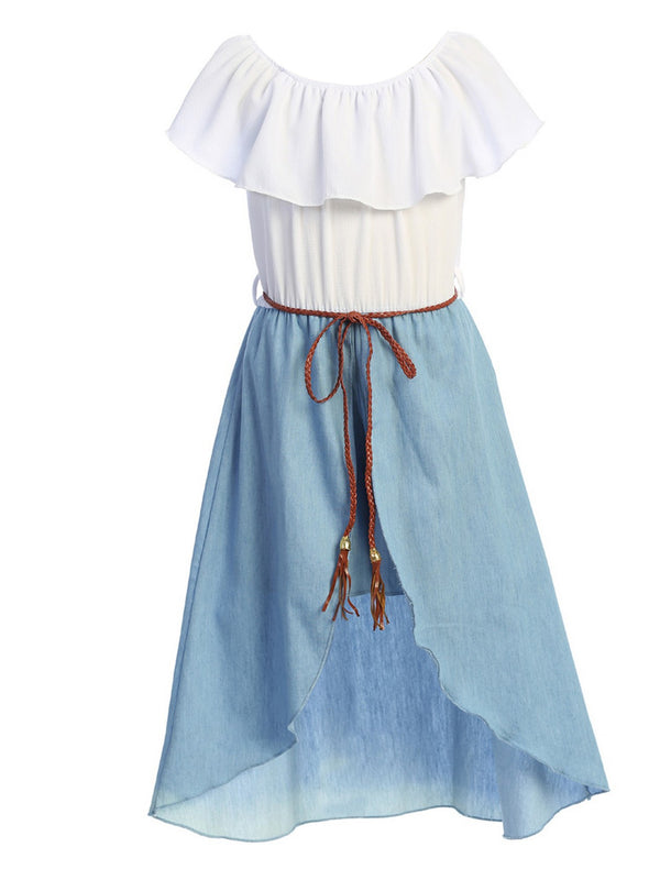 Girls Ruffle Off Shoulder Denim Jumpsuit with Brown Knitted Drawstring, Sizes 4-14 - SophiasStyle.com